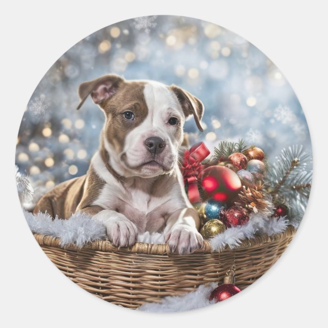 Weihnachtsfeiertag Pitbull Welpe Runder Aufkleber (Vorderseite)