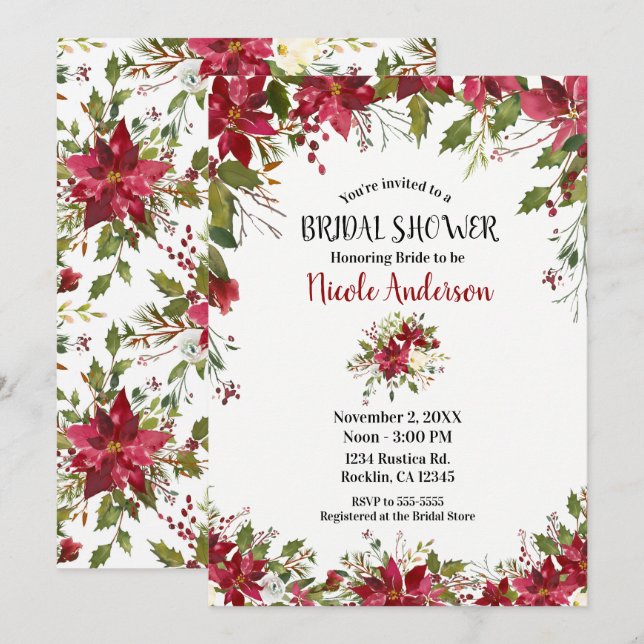 Weihnachtsfeiertag Poinsettia Blume Brautparty Einladung (Vorne/Hinten)