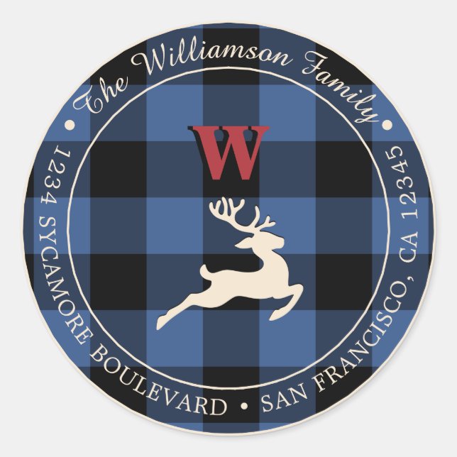 Weihnachtsfeiertag Red Monogram Deer Blue Gingham  Runder Aufkleber (Vorderseite)
