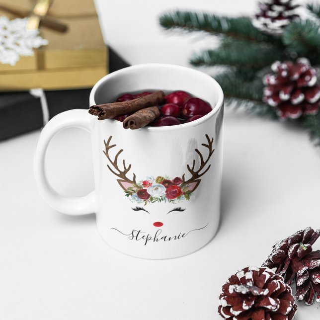 Weihnachtsfeiertag Reindeer Floral Personalisiert Kaffeetasse (Christmas Holiday Reindeer Floral Personalized Coffee Mug)