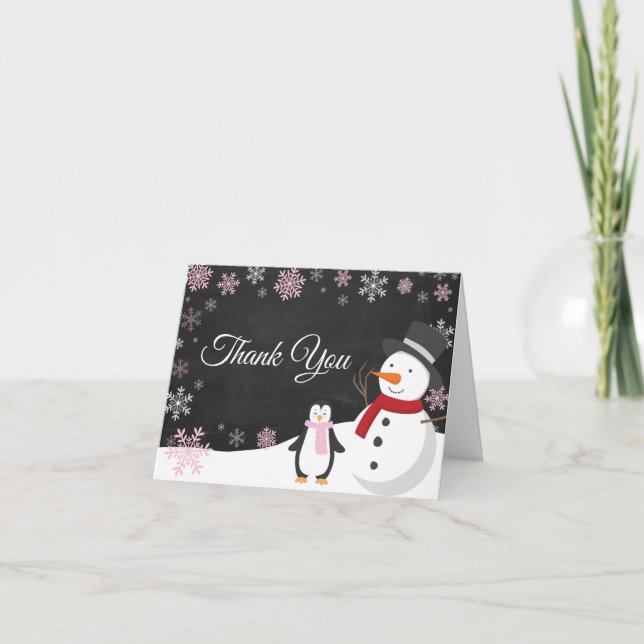 Weihnachtsfeiertag Rosa Schneeflocke Skihütte Dankeskarte (Vorderseite)