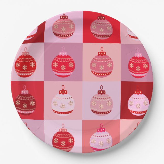 Weihnachtsfeiertag - Rosa und Rote karierte Orname Pappteller (Vorderseite)