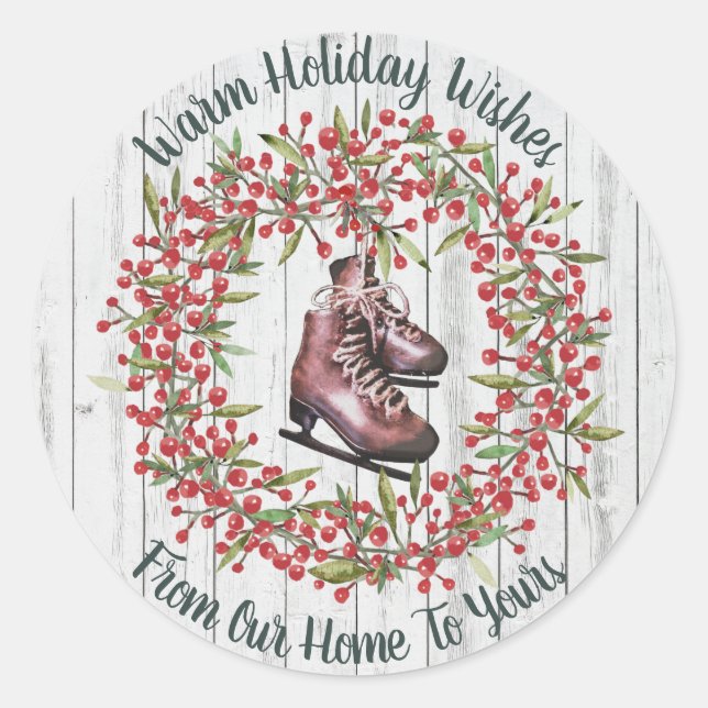 Weihnachtsfeiertag Rustikaler Kranz und Skate Runder Aufkleber (Vorderseite)