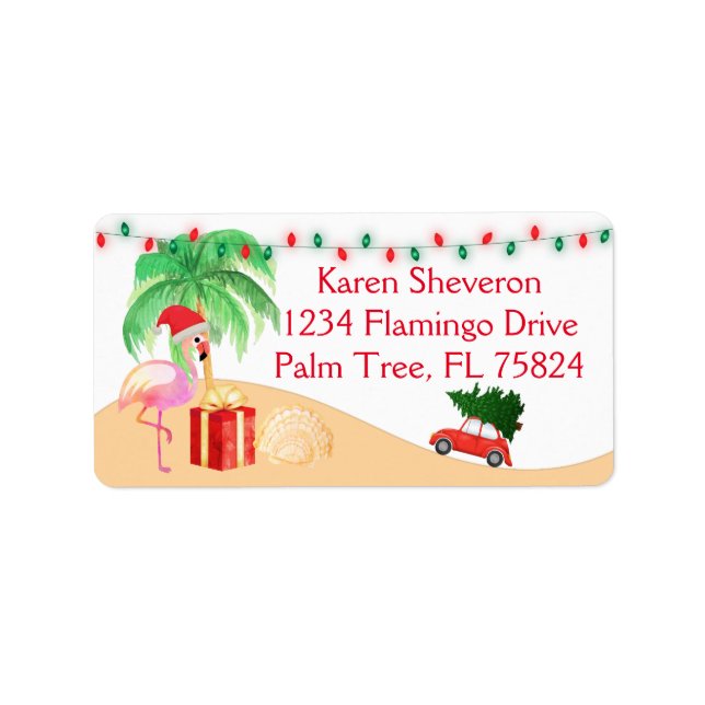 Weihnachtsfeiertag Santa Pink Flamingo am Strand Adressaufkleber (Vorne)