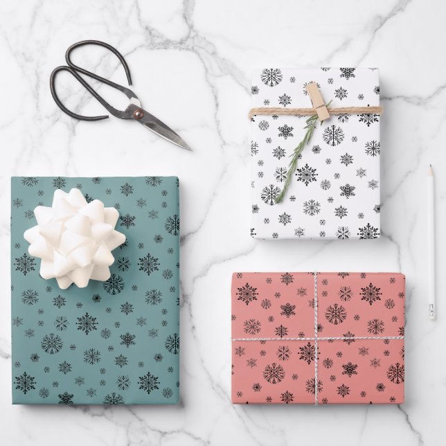 Weihnachtsfeiertag Schwarzer Schneeflocken Winterm Geschenkpapier Set (Vorderseite)