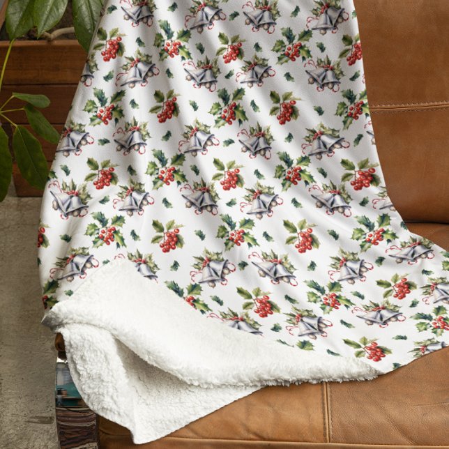 Weihnachtsfeiertag Silberglocken und Holly Sherpadecke (Vintage Christmas Holiday Silver Bells, Holly and Berries Sherpa Blanket)