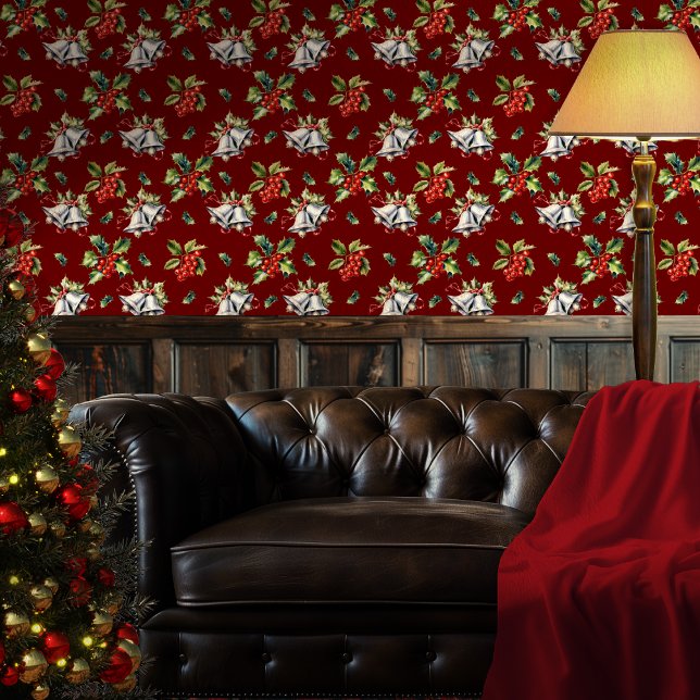 Weihnachtsfeiertag Silberglocken und Holly Tapete (Vintage Christmas Holiday Silver Bells, Holly and Berries Dark Red Wallpaper)