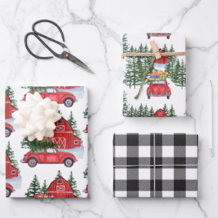 Weihnachtsfeiertag Vintage rotes Auto Scheunenbaum Geschenkpapier Set
