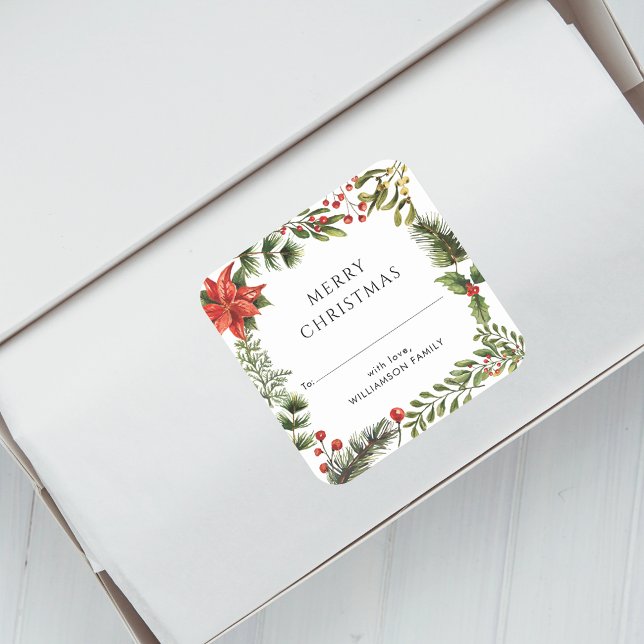 Weihnachtsfeiertage Botanisches Elegant Quadratischer Aufkleber (Christmas Red Berries Botanical Script Envelope Seal Sticker)