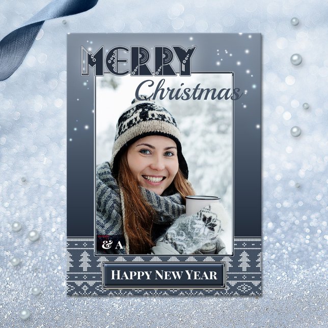 Weihnachtsfeiertage Foto Navy Sweater Postcard Postkarte (An ugly sweater photo template postcard with Merry Christmas and a Happy New Year wishes)