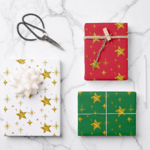 Weihnachtsfeiertage Gold Stars Glitzer Sparkasse Geschenkpapier Set