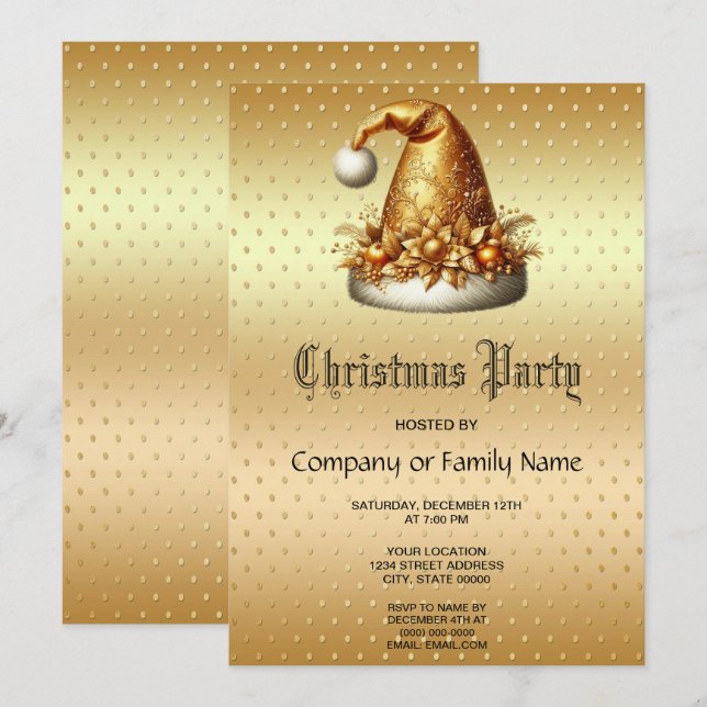 Weihnachtsfeiertage in Gold Weihnachtsmannmütze Pa Einladung (Vorne/Hinten)