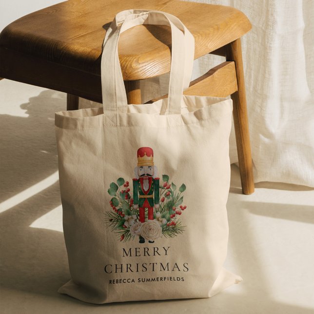 Weihnachtsfeiertage Nutcracker Personalisiert Tragetasche (Christmas Nutcracker Greenery Red Berries Tote Bag)