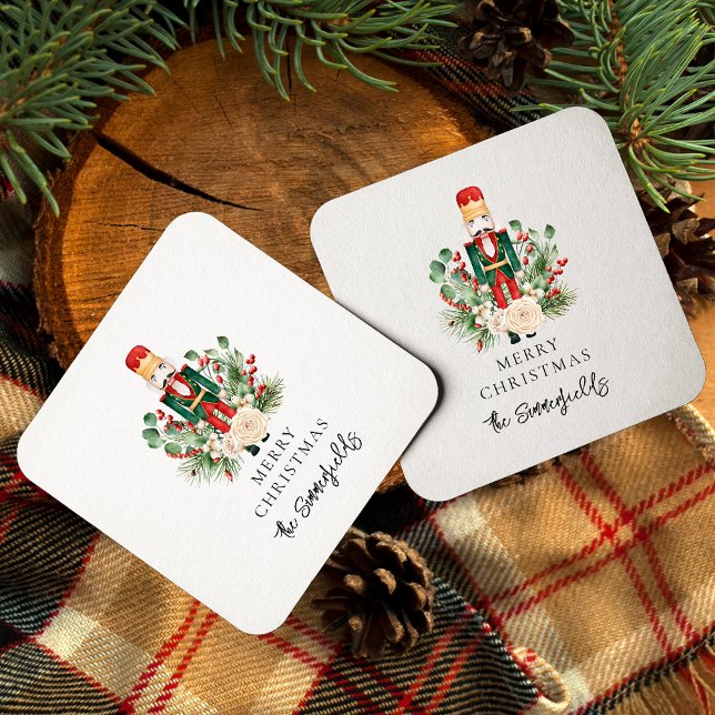 Weihnachtsfeiertage Nutcracker-Skript Rechteckiger Pappuntersetzer (Christmas Nutcracker Red Berries Square Coasters)