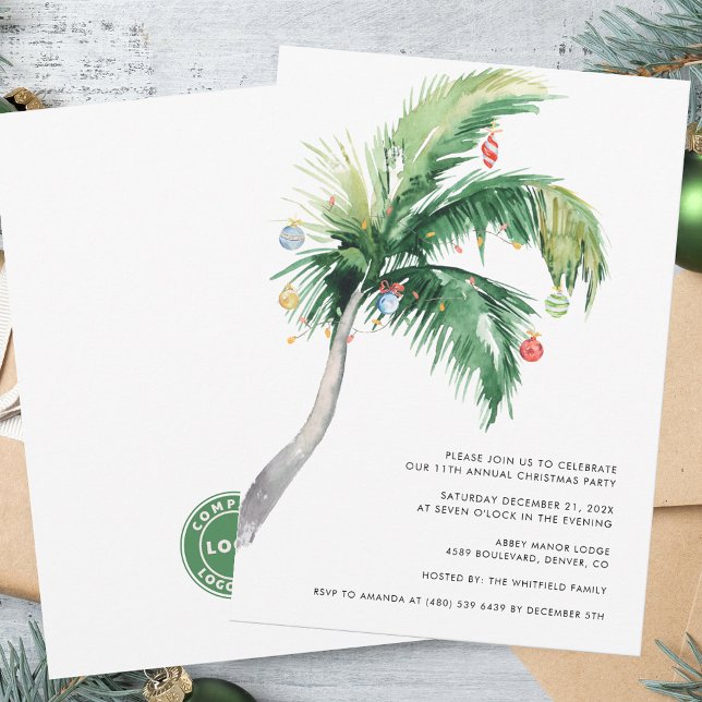 Weihnachtsfeiertage-Party Einladung (Business Logo Christmas Office Party Invitation with Decorated Palm Tree)