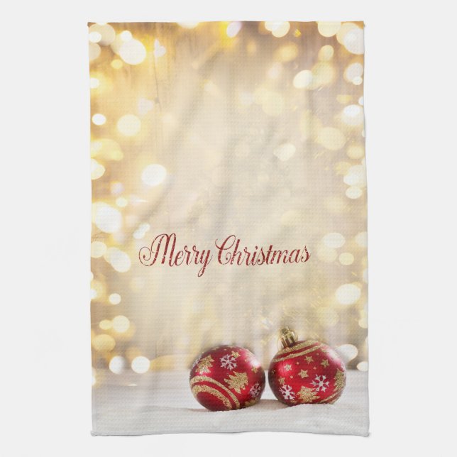 Weihnachtsfeiertage Rote Weihnachtsbände Bokeh Geschirrtuch (Vertikal)