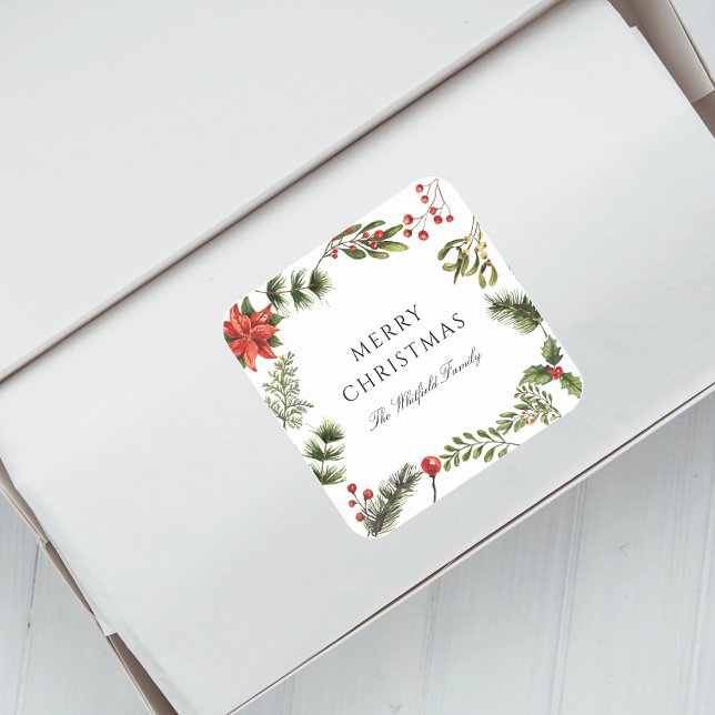 Weihnachtsfeiertagen im Wasser Grüne Quadratischer Aufkleber (Christmas Red Berries Botanical Script Envelope Seal Sticker)
