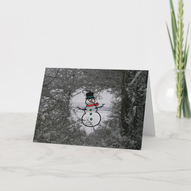 Weihnachtsfeiertagen Winterschnee Foto Snowman Car Feiertagskarte (Vorderseite)