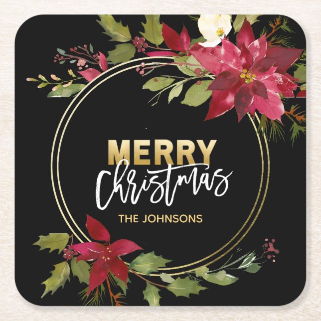 Weihnachtsfeiertags-Goldrot-Poinsettia Rechteckiger Pappuntersetzer (Vorderseite)