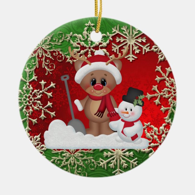 Weihnachtsfeiertags-Ren-Cartoonverzierung Keramikornament (Vorne)