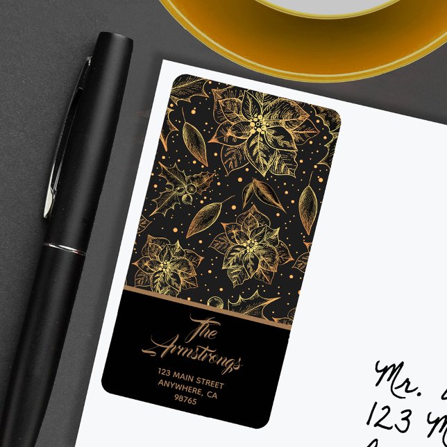 Weihnachtsfeiertagsrede Adressaufkleber (Gold Christmas poinsettias floral holiday return address labels)