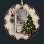 Weihnachtsfenster Leuchten Ornament<br><div class="desc">Vintage Szene eines Weihnachtsbaumes und Kerzenlicht durch ein altmodisches Fenster mit der schneebedeckten Nacht im Freien. Klassisch und nostalgisch.</div>