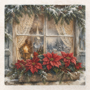 Weihnachtsfenster mit Poinsettie im Schnee Glasuntersetzer