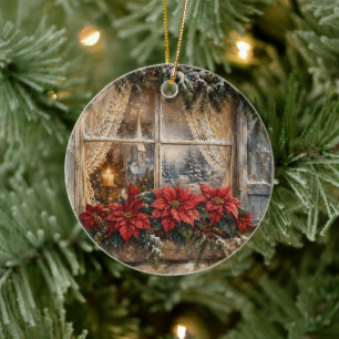 Weihnachtsfenster mit Poinsettie im Schnee Keramik Ornament