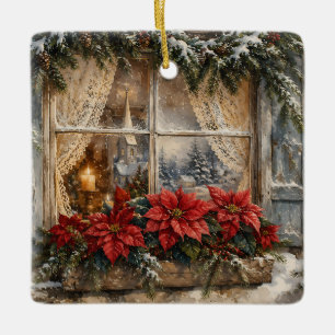 Weihnachtsfenster mit Poinsettie im Schnee Keramikornament