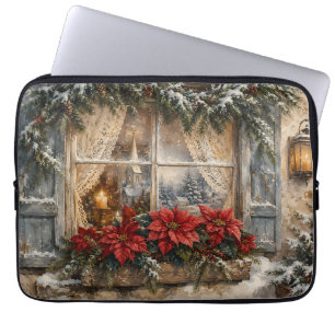 Weihnachtsfenster mit Poinsettie im Schnee Laptopschutzhülle
