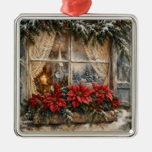 Weihnachtsfenster mit Poinsettie im Schnee Ornament Aus Metall