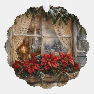 Weihnachtsfenster mit Poinsettie im Schnee Ornament Karte