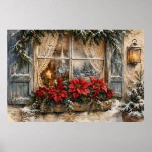 Weihnachtsfenster mit Poinsettie im Schnee Poster