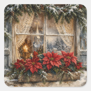 Weihnachtsfenster mit Poinsettie im Schnee Quadratischer Aufkleber