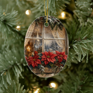 Weihnachtsfenster mit Poinsettien im Schnee Keramik Ornament