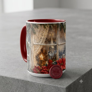 Weihnachtsfenster mit Poinsettien im Schnee Tasse