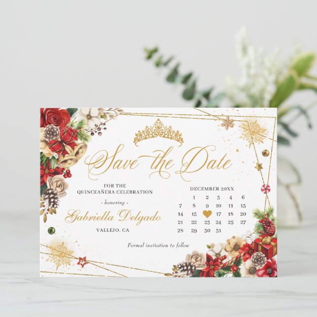 Weihnachtsferd-Gold-Poinsettia Save the Date Einladung (Stehend Vorderseite)
