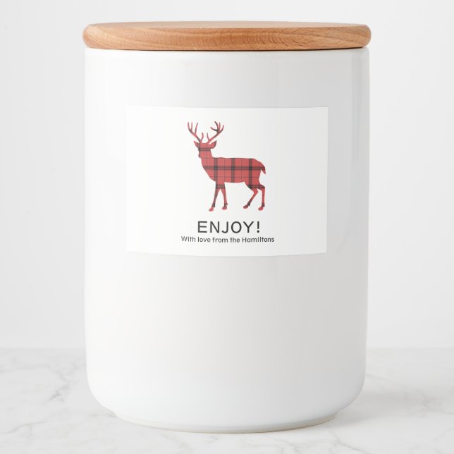 Weihnachtsferien Hirsch Red Kariert Tartan Muster Lebensmitteletikett (Vorderseite)