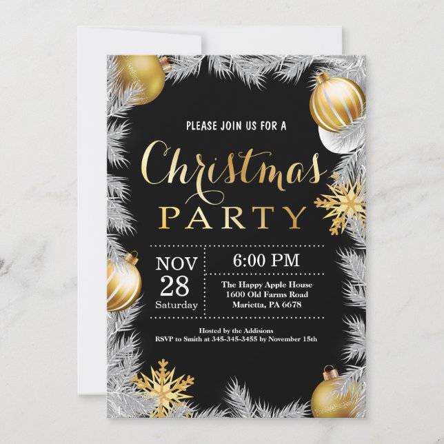 Weihnachtsferien Party Einladung Schwarz und Gold (Vorderseite)