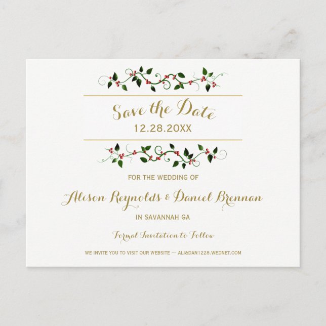 Weihnachtsferien Winterhochzeit Save the Date Ankündigungspostkarte (Vorderseite)