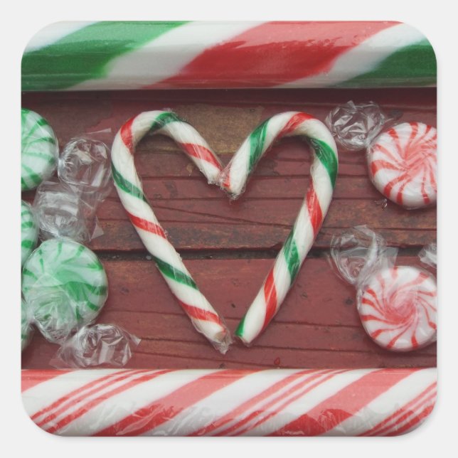 Weihnachtsfest Candy Cane Bonbons Herz Quadratischer Aufkleber (Vorderseite)