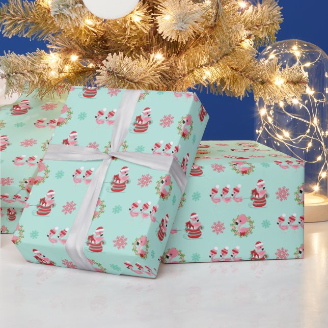 Weihnachtsfest Flamingos mit Sleigh auf Green Geschenkpapier (Feiertage)