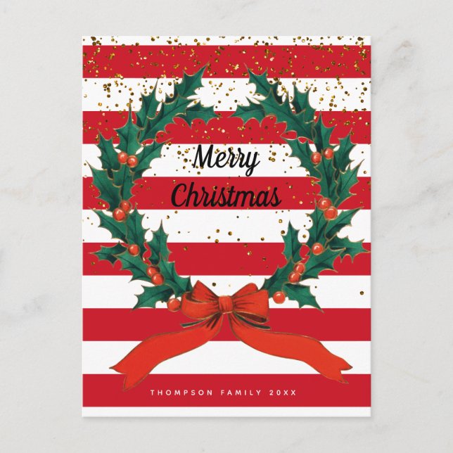 Weihnachtsfest Holly Berries Wreath Stripes Feiertagspostkarte (Vorderseite)