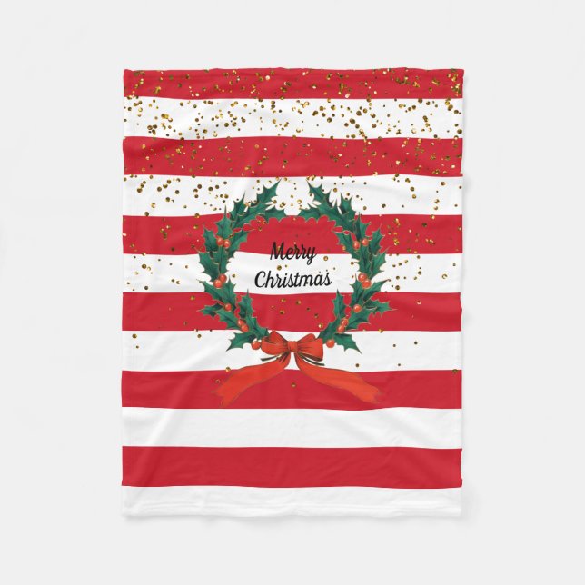 Weihnachtsfest Holly Berries Wreath Stripes Fleecedecke (Vorderseite)