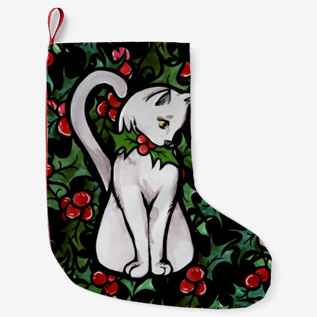 Weihnachtsfest Holly White Cat Kleiner Weihnachtsstrumpf (Vorderseite)