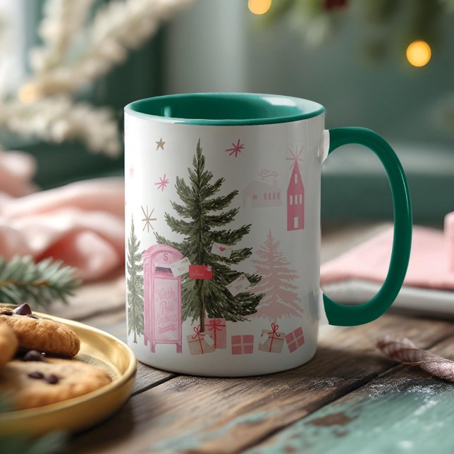 Weihnachtsfest in Rosa - Dorf am Nordpol Zweifarbige Tasse (Pink Christmas Santa Reindeer North Pole Village Two-Tone Coffee Mug)