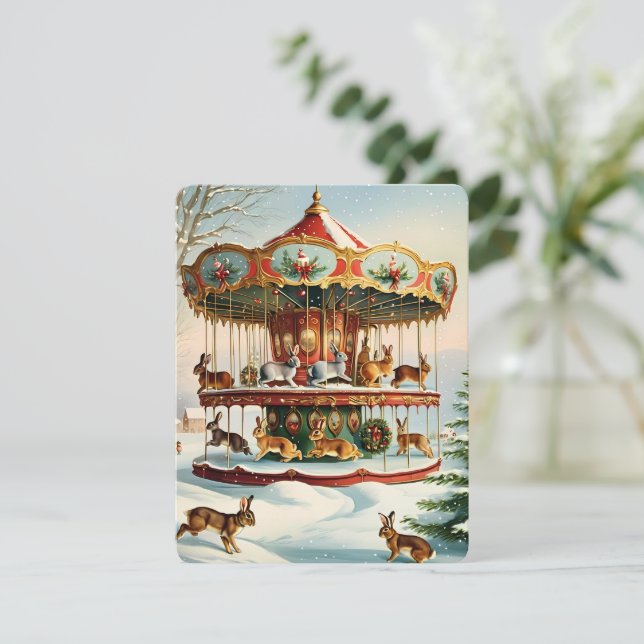 Weihnachtsfest Karussell-Hase Feiertagskarte (Stehend Vorderseite)