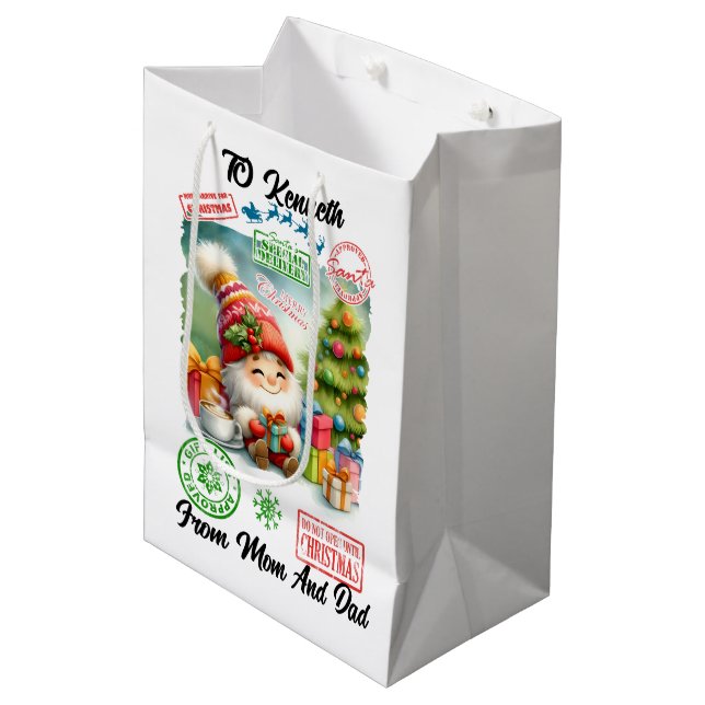 Weihnachtsfest mit Geschenken und Elfen Mittlere Geschenktüte (Vorderseite Schrägansicht)