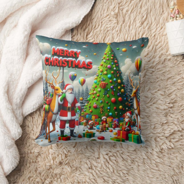 Weihnachtsfest mit Weihnachtsmann und Rentiere Kissen (Decke)