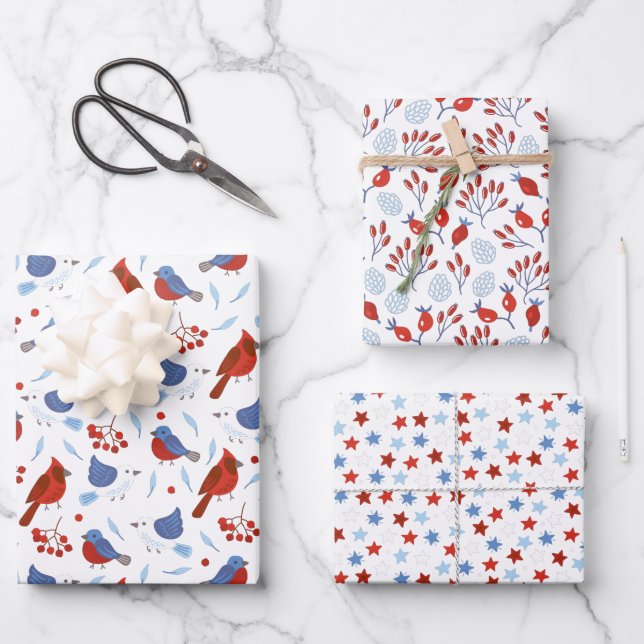 Weihnachtsfest Muster Bird Star und botanisch Geschenkpapier Set (Vorderseite)